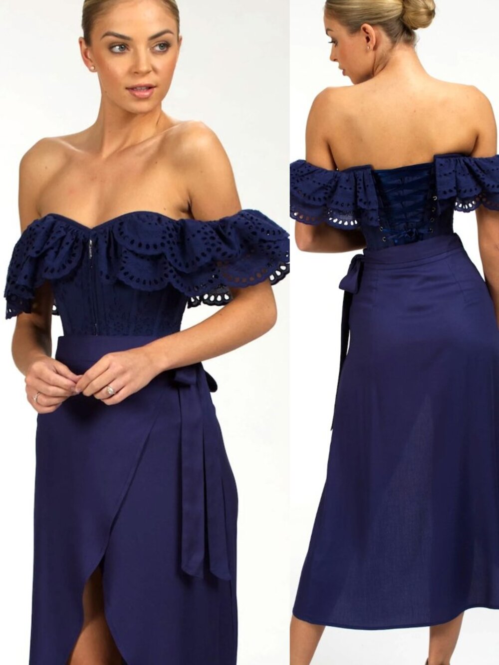 Navy Broderie Anglaise Steel Boned Waist Trainer Corset Top UK 24” US 4 S NWT